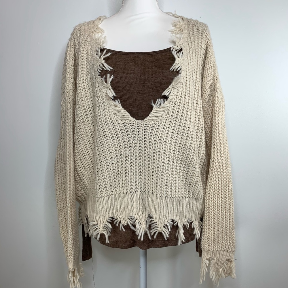STORIA oversized distressed V Neck Fringe Sweater